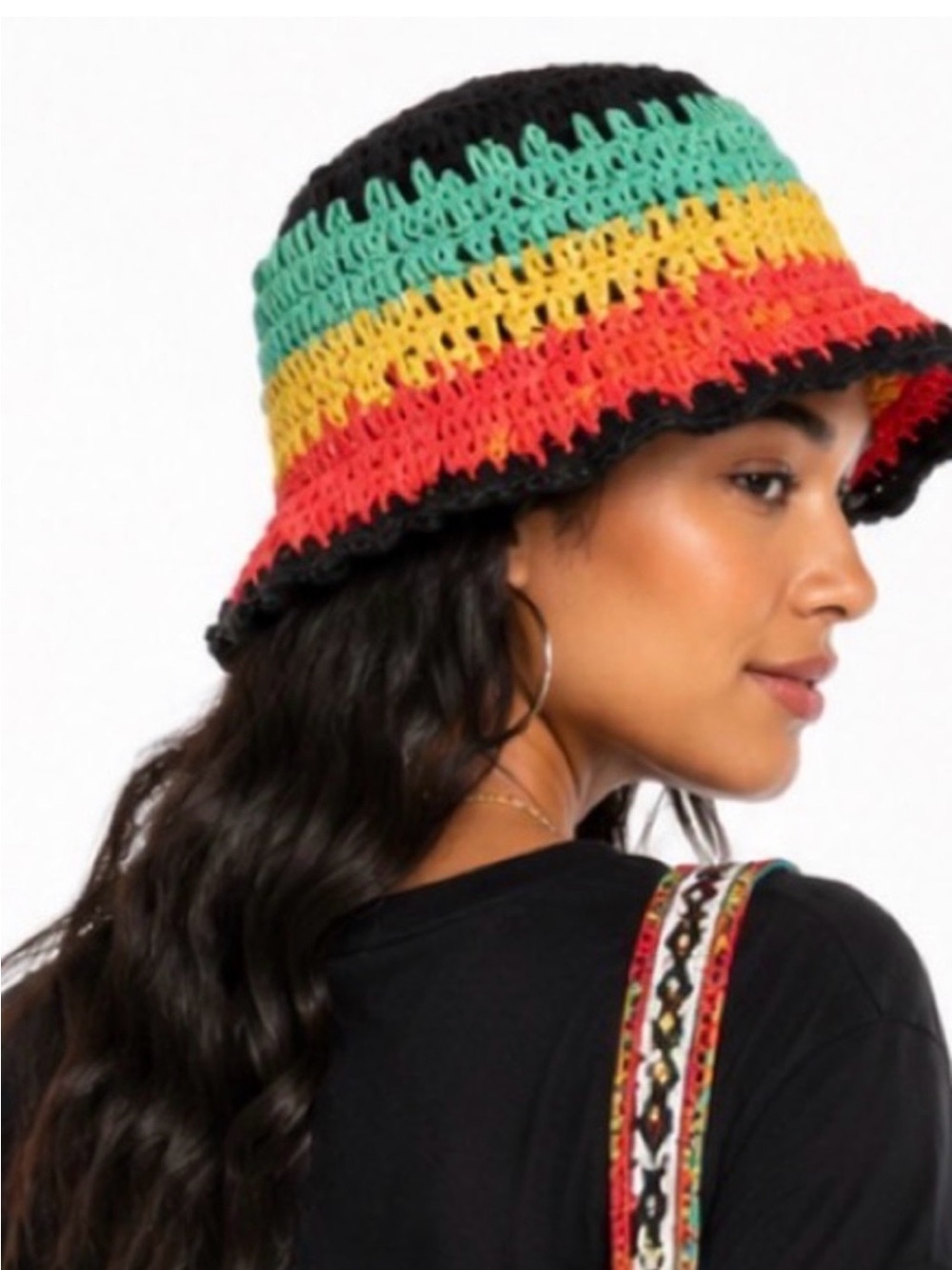 Hand-Crocheted Multi-Stripe Bucket Hat - Black, Green, Yellow & Red